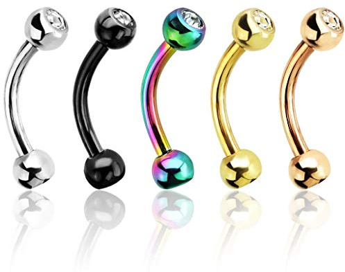 Forbidden Body Jewelry 16G (8mm) Surgical Steel Curved Barbells for Eyebrow/Rook/Daith Piercing and More (5-Pack of Multicolor)