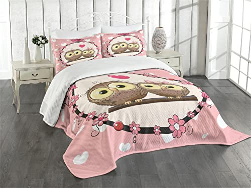ABAKUHAUS Eulen Tagesdecke Set, Schöne Paare, die auf Niederlassung, Set mit Kissenbezügen Romantischer Stil, für Doppelbetten 220 x 220 cm, Hellgelb Braun Korallenrot