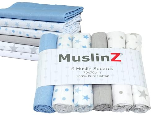 MuslinZ 6 panni quadrati in mussola per bambini, 100% puro cotone morbido, 70 x 70 cm, essenziali per neonati (mix di blu brillante e grigio)