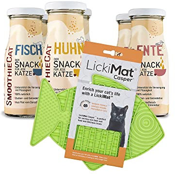 Katzen Smoothie SmoothieCat 6er Mix + Lickimat Casper Grün - je 2X: Huhn, Ente, Fisch - Flüssignahrung für Katzen - Katzensuppe - Zucker- & glutenfrei - Schleckmatte - je 150ml