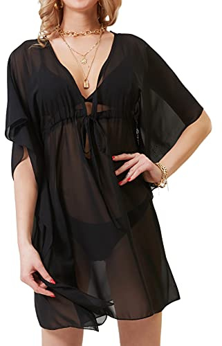 soul young Robe de Plage Femme ete Cache-maillot kimono Maillot pour Bikini(Taille unique,Noir)