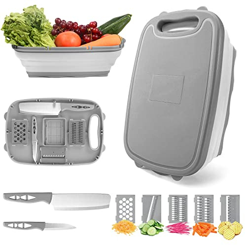 HI NINGER Collapsible Cutting Board with Colander, 9-In-1 Multi Chopping Board Kitchen Vegetable Washing Basket for Camping Gifts Camping Accessories for RV Campers