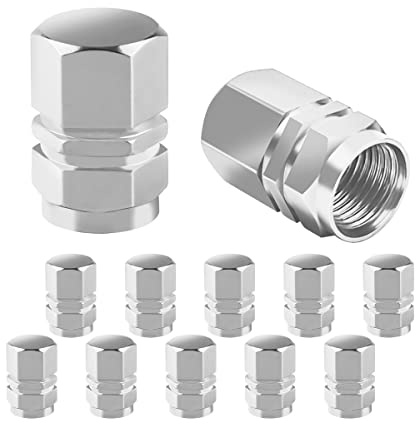 Car Tire Valve Stem Cap, 12 Pcs Wheel Valve Covers, Leak-Proof Air Caps Cover, Airtight Aluminum Alloy Hexagon Shape Tyre Accessory, Universal for Auto, Truck, SUV, Motorcycle, Bike (Silver)
