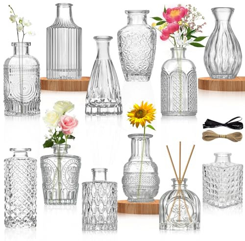TAVADA Set di 12 Mini Vasi di Fiori Piccoli, Vintage in Vetro, Bottiglie per Rose Pampa Erba, Decorazioni per Matrimoni e Casa in Stile Vintage