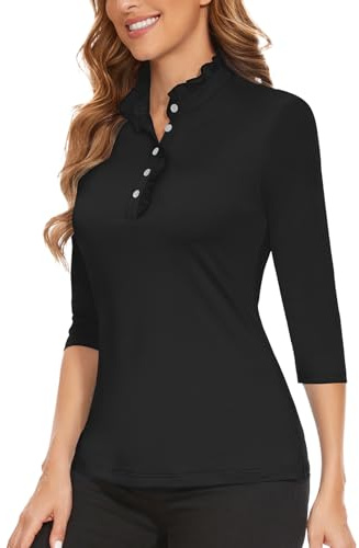 Soneven Camicetta Donna Elegante Camicia a 3/4 Maniche Polo da Golf Donna a Maniche Lunghe Lady Office Camicetta Estiva con Volant Colletto Alto Top, Nero , XL
