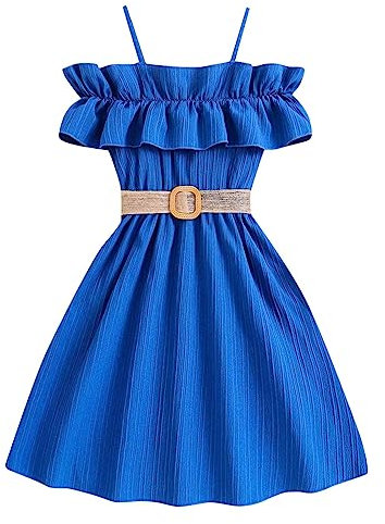 Girl Summer Off-Shoulder Dress Kids Ruffle Sleeves Elegant Strap Dress A-Line Spaghetti Dresses Kids Party Off Shoulder Dresses Casual Suspender Midi Dresses for Children 7-12Y (03-Blue, 11-12 Years)