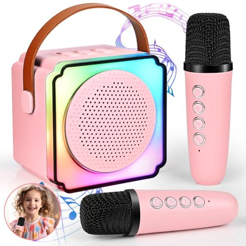 Karaoke Maschine Kinder mit 2 Karaoke Mikrofon Kinde Mini Tragbares Bluetooth Lautsprecher mit Stimme wechselnde Effekte & LED Lichteffektenfür Partei, Geschenke für Geburtstag, Weihnachten (Rosa)