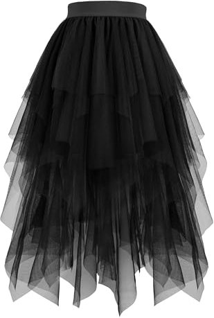 Hanpceirs Damen Tüll Röcke High Low Layered Puffy Fee Röcke A-Linie Midi Rock Unregelmäßiger Tutu Rock Schwarz L