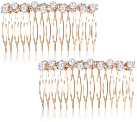 2Pcs French Pearl Hair Comb Slides for Women, Decorative Gold Pearl Hair Side Combs with Rhinestones, Elegant Hair Combs for Bridal and Wedding, Stylish Hair Accessories for Women