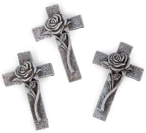 Logbuch-Verlag Lot de 3 petites croix funéraires en pierre artificielle avec rose et fleur funéraire Gris 7,5 x 4 x 1,5 cm Décoration funéraire