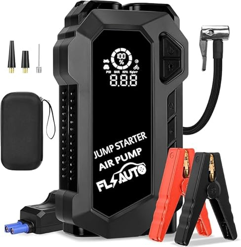 SQUADO Avviatore Emergenza Auto 20000mAh, Compressore Aria 32L/Min, Jump Starter 4000A, Torcia LED 300 Lumen, Power Bank USB