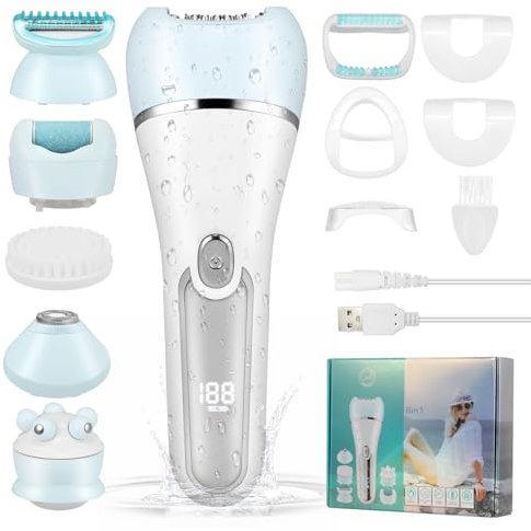 Elektrischer Epilierer für Damen, 6 in 1 Gesicht für Frauen Kabelloser, Wiederaufladbares LED-Display, Wet and Dry Damen Epilierer mit Peelingbürste, Reinigungsbürste, Massagekopf (Blau)