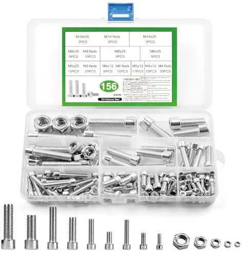 156 Pcs Assorted Nuts and Bolts Assortment, M4 M5 M6 M8 M10 Hex Socket Head Cap Screws Set, Stainless Steel Bolts and Nuts Set, Machine Screws Sets for Repair DIY, Nut and Bolt Sets
