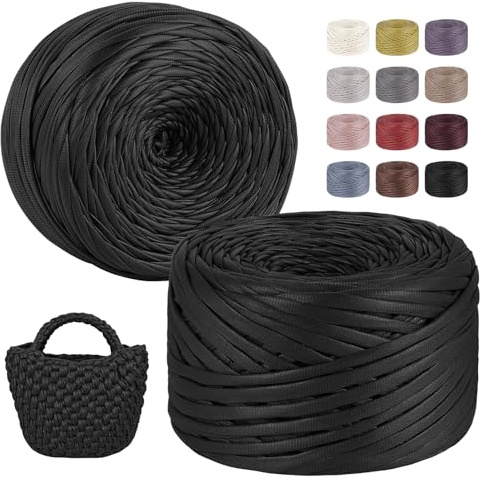 LEREATI Fettuccia per Borse a Uncinetto, 2x200g/2x90m Aspetto Similpelle Filato Grosso in Poliestere Cordino per Borse Uncinetto, Filati per Cestini Fai da Te Decorazioni (Nero)