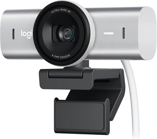 Logitech MX Brio Ultra HD 4K Collaboration and Streaming Webcam, 1080p at 60 FPS, Dual Noise Reducing Mics, Show Mode, USB-C, Google Meet, Pale Grey
