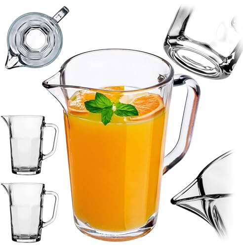 KADAX 2 brocche da 1 l, in vetro resistente, brocca per acqua con beccuccio e manico maneggevole, caraffa in vetro per bevande fredde, succhi di frutta, latte, tè freddo, trasparente (Tim)