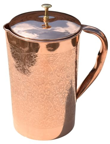 HEALTHANDWEALTH® Pure Copper Pitcher for Ayurvedic Health Benefits 1.5 Liter Handcrafted Embossed Copper Water Jug with Matching Lid | for Serving More Water with Family