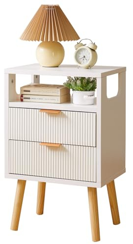 Aibiju Mesita de Noche con 2 Cajones, Mesas de Noche de Madera con Patas de Madera Maciza, Mesa Auxiliar, Armario Moderno y Robusto para Dormitorio o Sala de Estar, Blanco YD-TM063W
