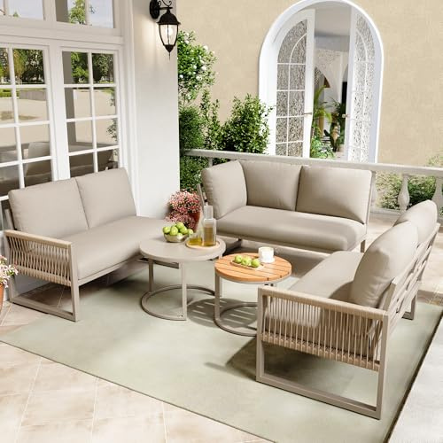 Mrwoo Gartenmöbel-Set 6-7 Sitzer,Ecksofa mit Verzinktem Eisengestell,Handgeflochtenes Seil,Zwei Tische mit Marmor und Holzmaserung,Inklusive Aller Sitz und Rückenkissen,Stabil und Komfortabel (beige)