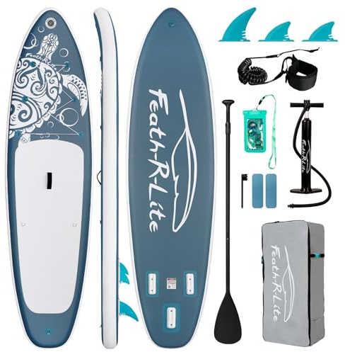 FEATH-R-LITE Inflatable Paddle Board Stand Up Paddleboards for Adults SUP with Premium Accessories Pump, Adjustable Paddle, Leash, Three Fins, Backpack (Gray)