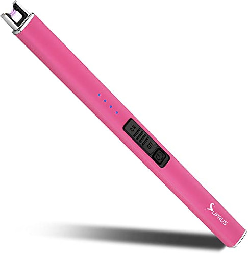 SUPRUS Accendino luminoso al buio, accendino elettrico a candela, ricaricabile, con serratura di sicurezza, al plasma senza fiamma antivento per griglia a candela (rosa)