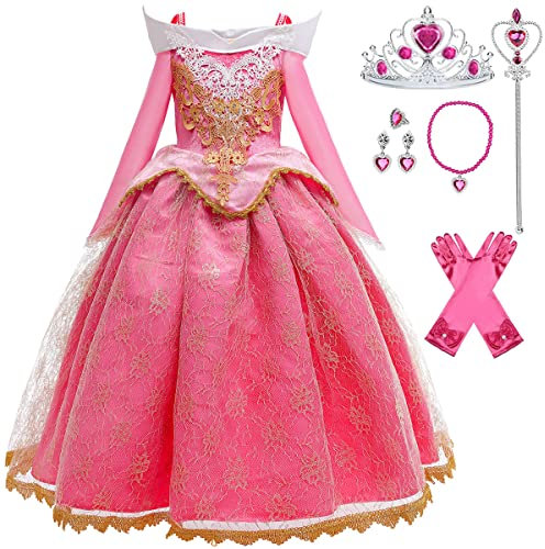 LiUiMiY Fille Déguisement Aurore Costume Maxi Robe Princesse Belle au Bois Dormant avec Accessoires Anniversaire Carnaval Noël, Rose, 5-6 Ans (Étiqueter 130)
