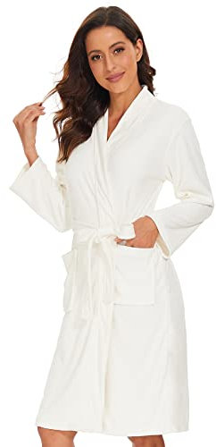 vislivin Leichter Bademantel Damen Frottee Bademantel Sauna Morgenmantel Knielanger Saunamantel Bathrobe Damen Weiß M