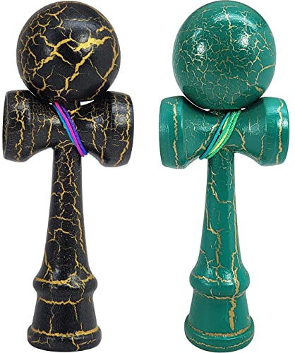 KENDAMA TOY CO. 2 Pack | Pocket Size Mini Kendama (not Full Size) | Solid Wood Ball and Cup Coordination Toy | Black/Gold Green/Gold Bundle