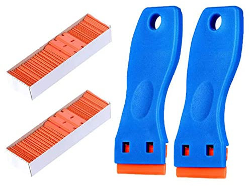 Lot de 2 grattoirs en plastique avec 200 lames en plastique, grattoirs en plastique pour autocollants en vinyle, enlever le verre et les fenêtres, retirer les résidus de colle, dissolvant de colle