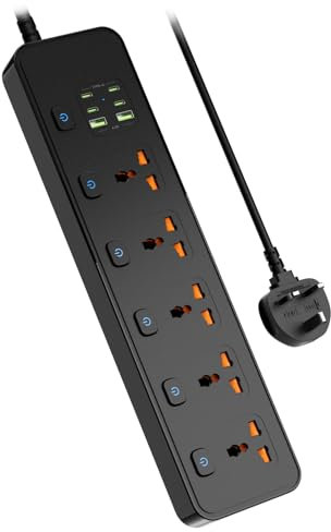 Jasni 3M/9.84FT Extension Lead 5 AC Way with 2 USB+4 Type-C Slots(5V 4.2A), 13Amp UK Plug Power(3250W/13A),Bold Extension Cord with Fuse Surge Protected Power Strip for Home Office (Black)