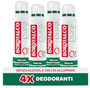 Borotalco, Deodorante Spray Puro, Talco con Molecole Traspiranti, Asciutto Anti-Odori, 48h efficacia, Senza Alcool e Sali di Alluminio, Profumo di Borotalco - 4 Pezzi da 150 ml - Esclusiva Amazon