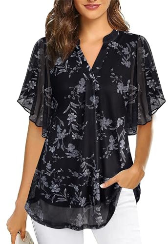 Sommer Tunika Damen Luftig Lang Leicht Locker Shirt Bluse Kurzarm Oberteil Elegant V-Ausschnitt Sommertunika Freizeit Formelle Kleidung Kurzarmblusen Feminine Bluse mit Flügelärmel