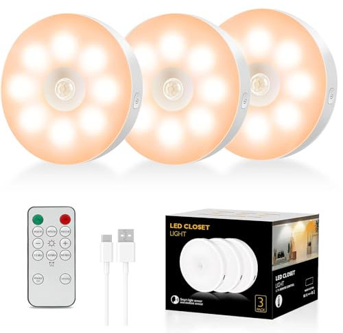 3 Pack Motion Sensor Lights Indoor,1000mAh USB Charging Puck Lights,Under Cabinet Kitchen Lights,Remote Control,Magnetic Battery Operated Stick on Sensory light for Stair Cupboard Wardrobe Closet