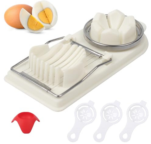 2 in 1 Eierschneider Set, Mit 3 Eiertrenner und 1 Eierhalter, Mehrzweck Eierschneider Edelstahl für Hard Boiled Eier, Eischneidewerkzeug Auch Verwendet Als Obstschneider für Erdbeeren Bananen