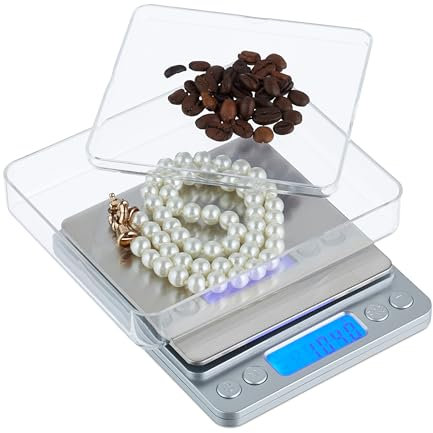 Relaxdays Feinwaage mit Wiegeschalen, digital, 0,01 g Schritte, Tara- & Zählfunktion, kalibrierbar, Briefwaage, Silber