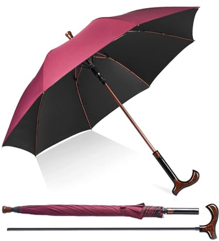 Stockschirm-Fritzgriff Cane-Umbrella Gehstütze Handstock Regenschirm-Groß - Ø 105cm - 2 in 1-Stockschirme Regenschirm für Outdoor Wanderer und Kletterer (Tiefrot)