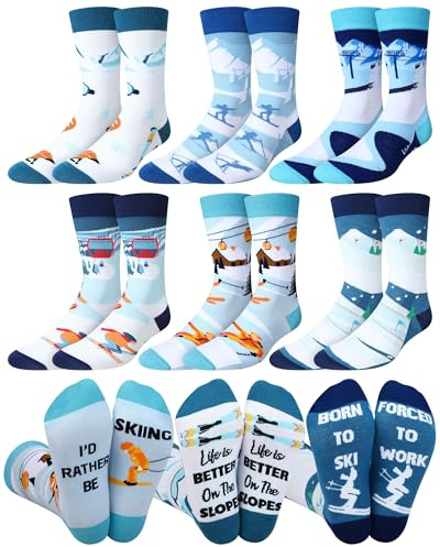 Maiteenly 6 Pairs Funny Ski Crew Socks Novelty Skiing Gift Socks Winter Snowboarding Gift for Ski Lovers Skiers Men Women(Men's Classic Color)