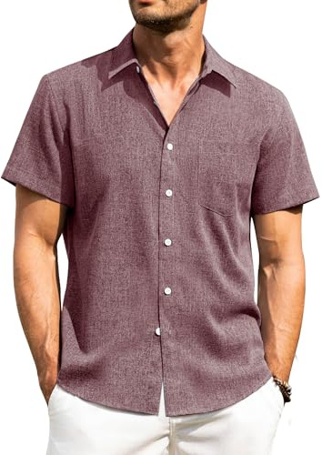 Alimens & Gentle Mens Linen Shirts Short Sleeve Button Down Shirts Wrinkle Free Casual Vacation Beach Summer Tops,Wine Red,4XL