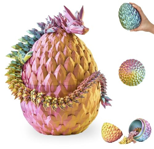 3D Drache im Ei – 36 cm Deko- und Sammelfigur mit 12 cm Ei, Rot-Gelb-Grün Fantasy Drache, Bewegliche Sammlerfigur
