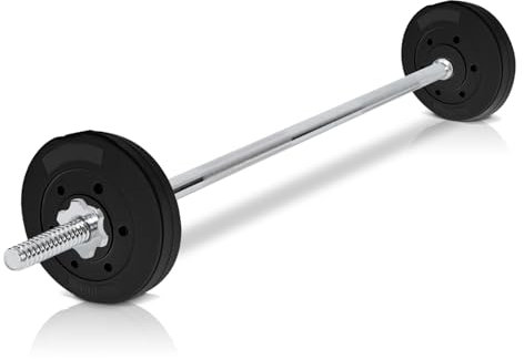 wuuhoo® Ensemble Barre d'haltère Longue & disques d'haltères Marcel, 26kg-60kg, disques d'haltères en Ciment 30mm revêtus, 120cm - 200cm (a) 26kg - 2 x 10kg | 120cm