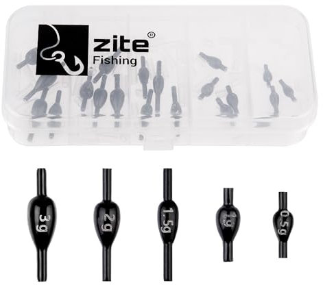 Zite Fishing Forellenblei Sortiment mit Sortierbox | 25 STK Angelblei Sinker Forelle in Box | 0,5g, 1g, 1,5g, 2g, 3g Tremarella Gewichte Set | Grund- & Schleppmontagen mit Pose & Sbirolino Forellensee