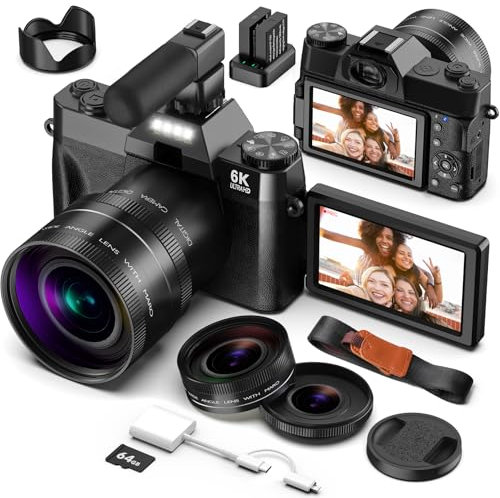 6K 64MP Digital Cameras for Photography and Vlogging with WIFI, 64GB TF Card, 16X Digital Zoom Portable Compact Photo Camera with Microphone, Macro & Wide-Angle Lens for YouTube, Travel, Beginners
