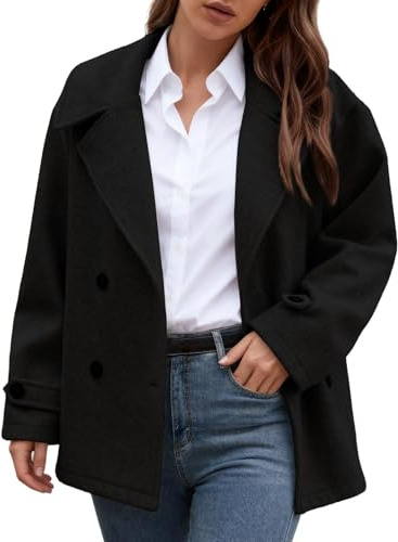 Generisch Cappotto invernale da donna in lana, taglio largo, corto, doppiopetto, elegante, blazer corto, misto lana