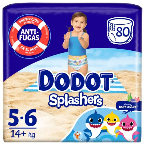 Dodot Pañales Bebé Splashers Baby Shark, Talla 5-6 (14+ kg), 80 pañales, Bañadores desechables, Protección Anti-fugas En El Agua