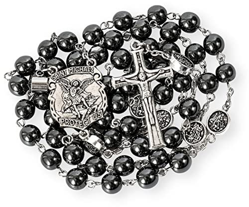 Nazareth Store Hämatit-Rosenkranz, Schwarze Steinperlen Halskette, Projektion Unser Vater-Gebet, St. Michael Medaille und Kruzifix, 53,3 cm, Stein, Legierung