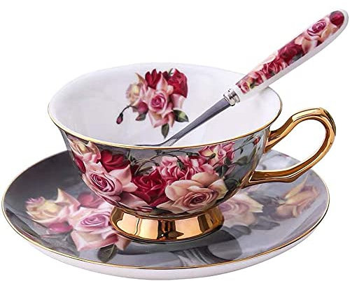 Jiotouhu Série Fleur Rose, Ensemble Tasse Soucoupe Porcelaine Anglaise à la Cendre d'os, Bone Chine Service à Thé Café,avec Cuillère- 1 Set 200ml