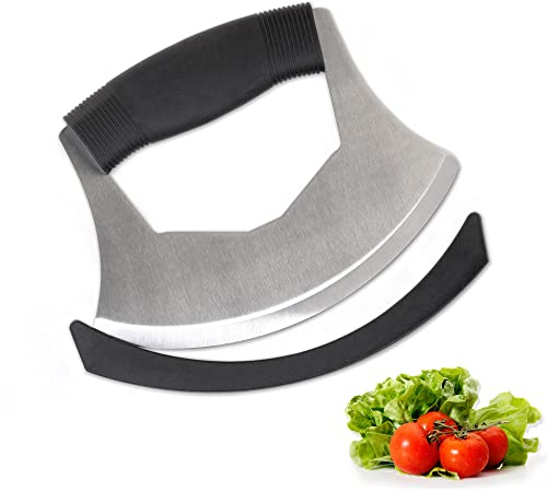 XoYoZo Salad Chopper Mezzaluna Knife with Protective Cover and Anti-Slip Handle - Stainless Steel Vegetable Cutter, Onion Chopper, Pizza Cutter