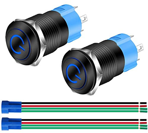 Gebildet 12mm Metall Schwarzer Druckschalter 12V-24V 3A Power Symbol LED 1NO1NC SPST ON Off Wasserdichter Kippschalter mit Drahtbuchsenstecker (Blaue LED)