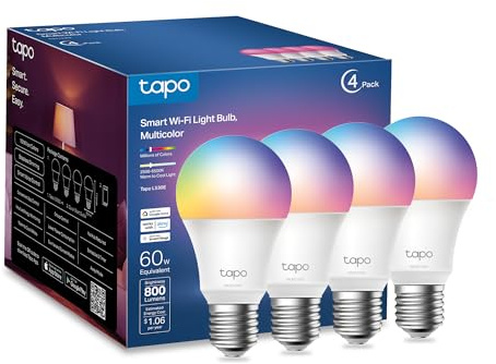 Tapo TP-Link Smart Light Bulbs, 16M Colors RGBW, Dimmable, Compatible with Alexa and Google Home, A19, 60W Equivalent, 800LM CRI>90, 2.4GHz WiFi only, No Hub Required, L530E(4-Pack)
