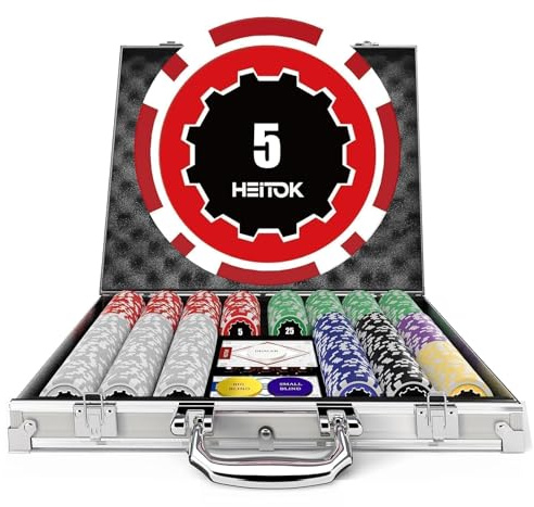 HEITOK Pokerset 500 Marker 11,5g Numrerade Texas Holdem Aluväska Kortspel | 2-10 spelare, tydliga värden 1/5/25/50/100/500/1000, kort, tärningar, dealer och small/big blind-knappar, Blackjack